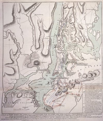 Plan of New York Island with Part of Long Island, Staten Island and East New Jersey and the Engagement on the Woody Heights of Long Island between the British Forces, under the command of General Sir William Howe by William Faden