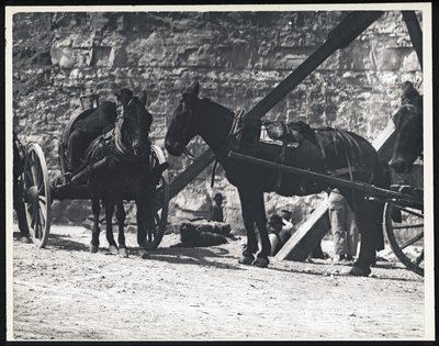 Horizontal, Black and White Photograph of Two Horse-Drawn Wagons at a Quarry by William G. Swekosky