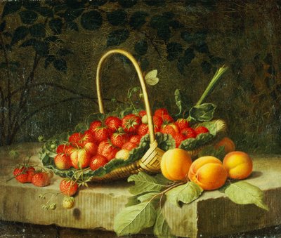 A Basket of Strawberries with Peaches on a Stone Ledge by William Hammer