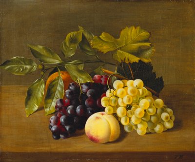 A Peach, an Orange and Grapes on a Wooden Ledge by William Hammer