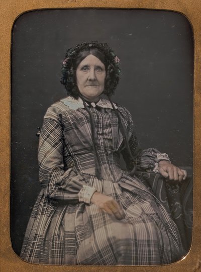 Seated Elderly Woman Wearing Plaid Dress and Bonnet by William Hardy Kent