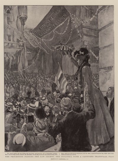 The Procession Passing the Law Courts, the Infantry with a Captured Transvaal Flag by William Hatherell