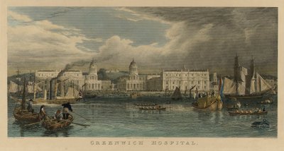 Royal Visit to Greenwich Hospital with a Sailing Ship, a Steamboat, Passenger Barges, Rowboats on the Thames by William Havell