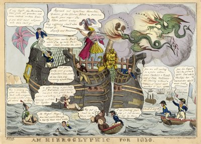 An Hieroglyphic for 1830, pub. 1830 (hand coloured engraving) by William Heath