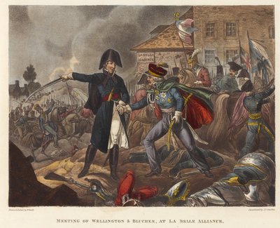 Meeting of Wellington and Blücher at La Belle Alliance, aquatint by Joseph Constantine Stadler by William Heath
