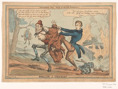 Caricature of Sir Robert Peel (Peeling a Charley / Michaelmas Day 1829 or the Last Watchman) by William Heath