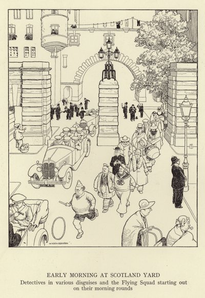 Early Morning at Scotland Yard, Detectives in Various Disguises and the Flying Squad Starting Out on Their Morning Rounds by William Heath Robinson