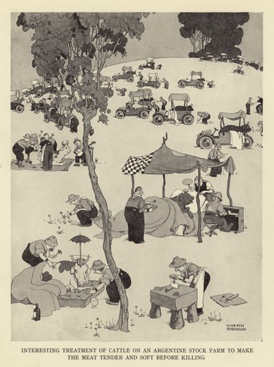 Interesting Treatment of Cattle on an Argentine Stock Farm to Make the Meat Tender and Soft Before Killing by William Heath Robinson
