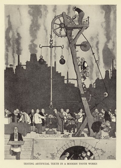 Testing Artificial Teeth in a Modern Tooth Works by William Heath Robinson
