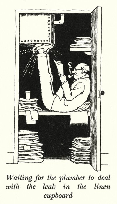 Waiting for the Plumber to Deal with the Leak in the Linen Cupboard by William Heath Robinson