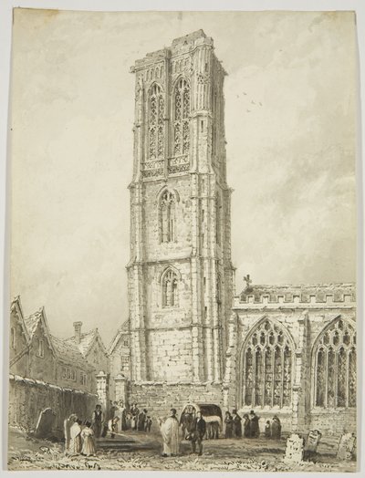 Exterior of Temple Church, showing an internment, c.1825 by William Henry Bartlett