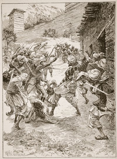 Lieutenant Harley, at the Head of Forty Sikhs and Sixty Kashmiris, Rushed the House over the Mouth of the Mine, illustration from 