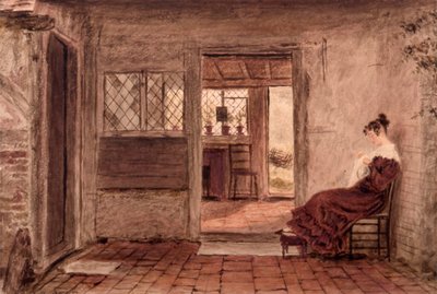 Cottage interior with girl sewing by William Henry Hunt