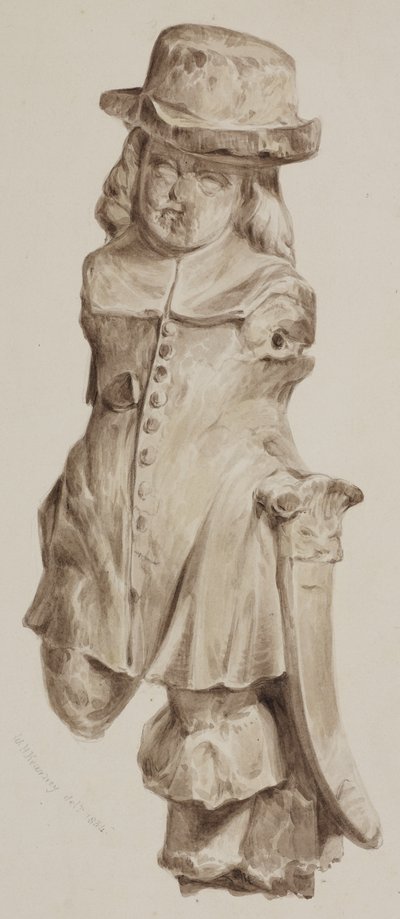 Carved figure in oak, at one time in the doorway of the house built on the site of the Boars Head Tavern, Eastcheap by William Henry Kearney