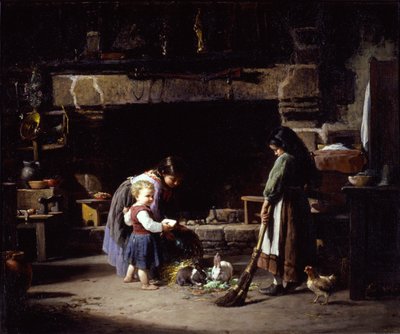 Farm Interior: Breton Children Feeding Rabbits by William Henry Lippincott