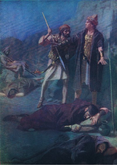 David sparing Saul, from The Bible Picture Book published by Thomas Nelson, c.1950 by William Henry Margetson