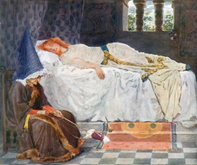 Her Eyes Were Closed, and Her Hair, Touched by the Sunshine, Lay Like Threads of Gold on the Snowy Pillow by William Henry Margetson