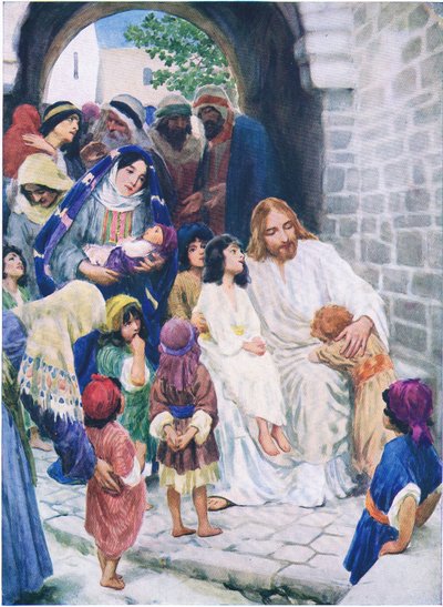 Jesus and the children, from The Bible Picture Book published by Thomas Nelson, c.1950 by William Henry Margetson