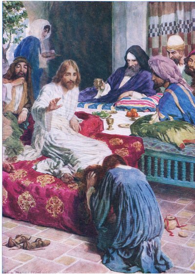 Mary and the alabaster box, from The Bible Picture Book published by Thomas Nelson, c.1950 by William Henry Margetson