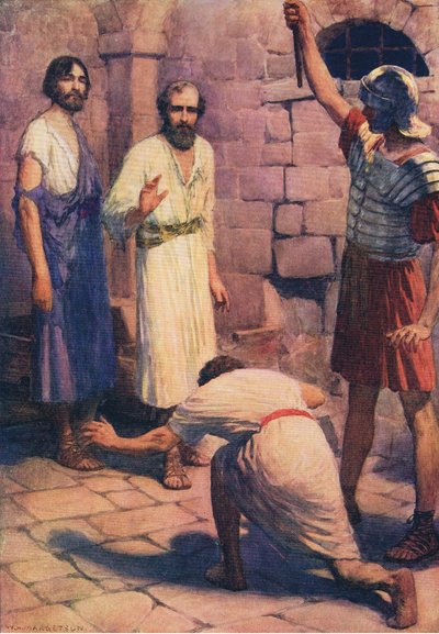 Paul and Silas in prison, from The Bible Picture Book published by Thomas Nelson, c.1950 by William Henry Margetson
