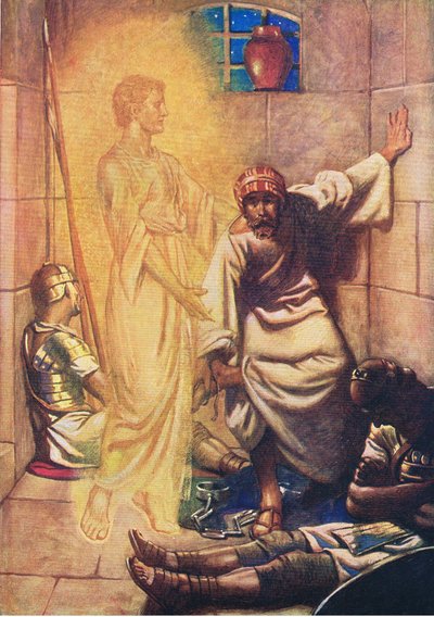 Peter delivered from prison, from The Bible Picture Book published by Thomas Nelson, c.1950 by William Henry Margetson