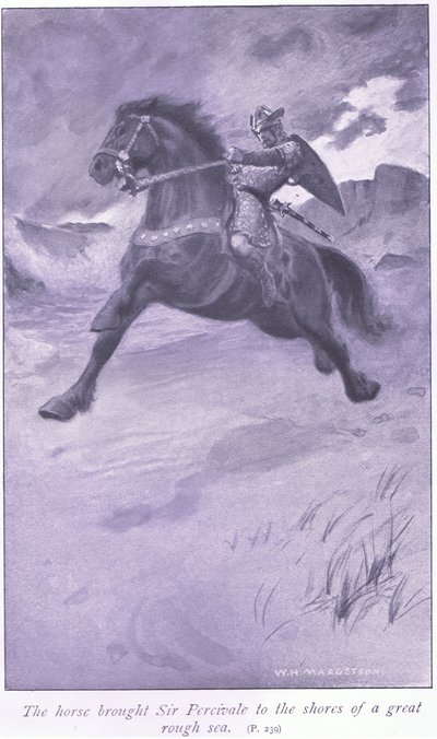 The horse brought Sir Percivale to the shores of a great rough sea by William Henry Margetson