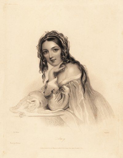Portrait of Amy. Beauty wearing a veil over long hair, ermine-trim off-the-shoulder dress, holding a pearl necklace. Steel stipple engraving by William Henry Mote after an illustration by John Hayter from Charles Heath’s English Pearls, or Portraits for th by William Henry Mote
