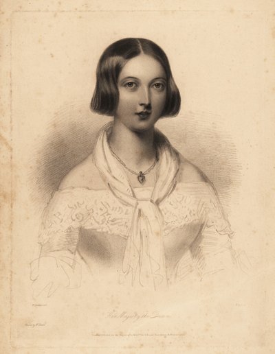 Young Queen Victoria, early 20s. Steel stipple engraving by William Henry Mote after an illustration by William Drummond from Charles Heath’s English Pearls, or Portraits for the Boudoir, Tilt and Bogue, London by William Henry Mote