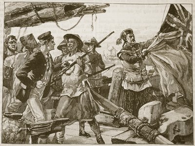 Chinese officers hauling down the British Flag on the 