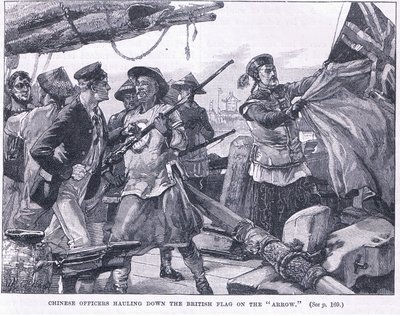 Chinese officers hauling down the British flag on the 