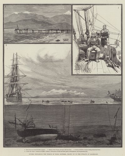 Divers Exploring the Wreck of HMS Doterel, Blown Up in the Straits of Magellan by William Heysham Overend