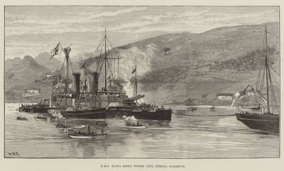 HMS Howe being towed into Ferrol Harbour by William Heysham Overend