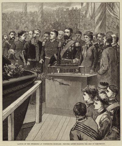 Launch of the Inflexible at Portsmouth Dockyard, Princess Louise Starting the Ship by Electricity by William Heysham Overend
