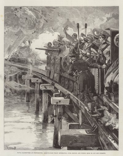 Naval Manoeuvres at Portsmouth, Armour-Clad Train Retreating over Bridge and Firing Mine to Cut Off Pursuit by William Heysham Overend