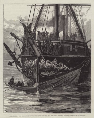 The Collision off Folkestone between Two German Ironclads, the Konig Wilhelm, Showing the Damage to her Bows by William Heysham Overend