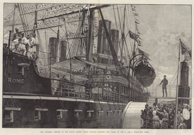 The Colonial Visitors at the Royal Albert Docks, Malays manning the Yards of the P and O Steam-Ship Rome by William Heysham Overend