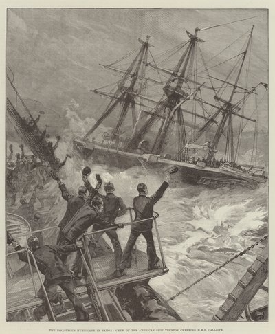 The Disastrous Hurricane in Samoa, Crew of the American Ship Trenton cheering HMS Calliope by William Heysham Overend