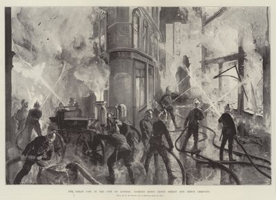 The Great Fire in the City of London, looking down Jewin Street and Jewin Crescent by William Heysham Overend