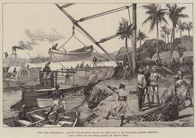 The Nile Expedition, Barges discharging Boats on the Nile at Elephantine Island, Assouan by William Heysham Overend