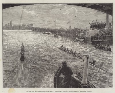 The Oxford and Cambridge Boat-Race, the Boats passing under Barnes Railway Bridge by William Heysham Overend
