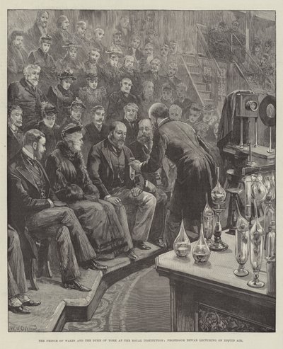 The Prince of Wales and the Duke of York at the Royal Institution, Professor Dewar Lecturing on Liquid Air by William Heysham Overend