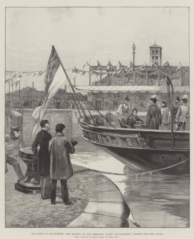 The Queen at Manchester, Her Majesty, in the Admiralty Yacht Enchantress, opening the Ship Canal by William Heysham Overend