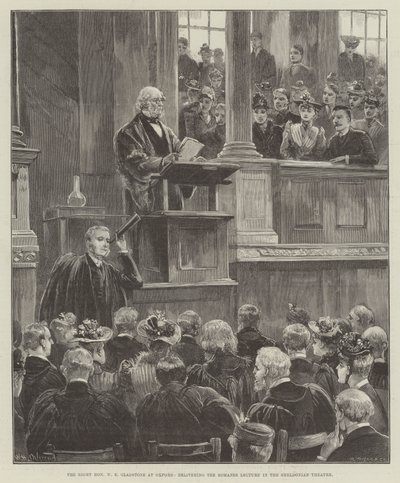 The Right Honourable W E Gladstone at Oxford, delivering the Romanes Lecture in the Sheldonian Theatre by William Heysham Overend