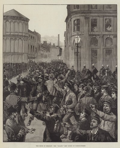 The Riots in Belfast, the Island Men going up North-Street by William Heysham Overend