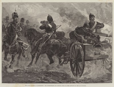 The Royal Review at Aldershott, the Nordenfeldt Gun opening Fire to cover Advance of the 10th Hussars by William Heysham Overend