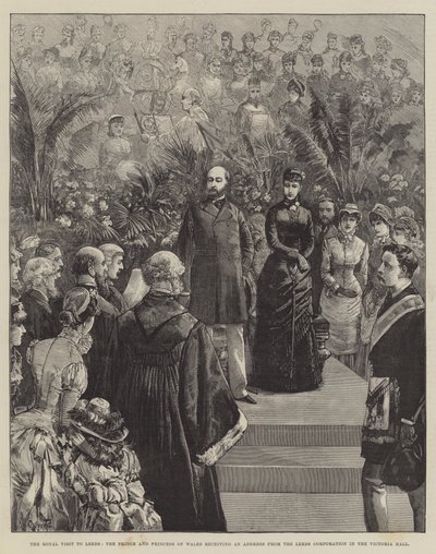 The Royal Visit to Leeds, the Prince and Princess of Wales receiving an Address from the Leeds Corporation in the Victoria Hall by William Heysham Overend