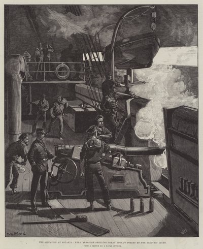 The Situation at Souakim, HMS Albacore shelling Osman Digna