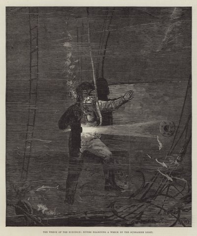 The Wreck of the Eurydice, Divers Examining a Wreck by the Submarine Light by William Heysham Overend