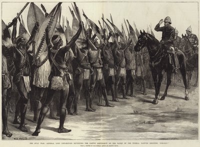 The Zulu War, General Lord Chelmsford reviewing the Native Contingent on the Banks of the Tugela, Natives shouting H-H-Ooo! by William Heysham Overend