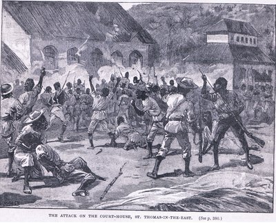 The Attack on the Court House, St Thomas in the East, Jamaica by William Heysham Overend